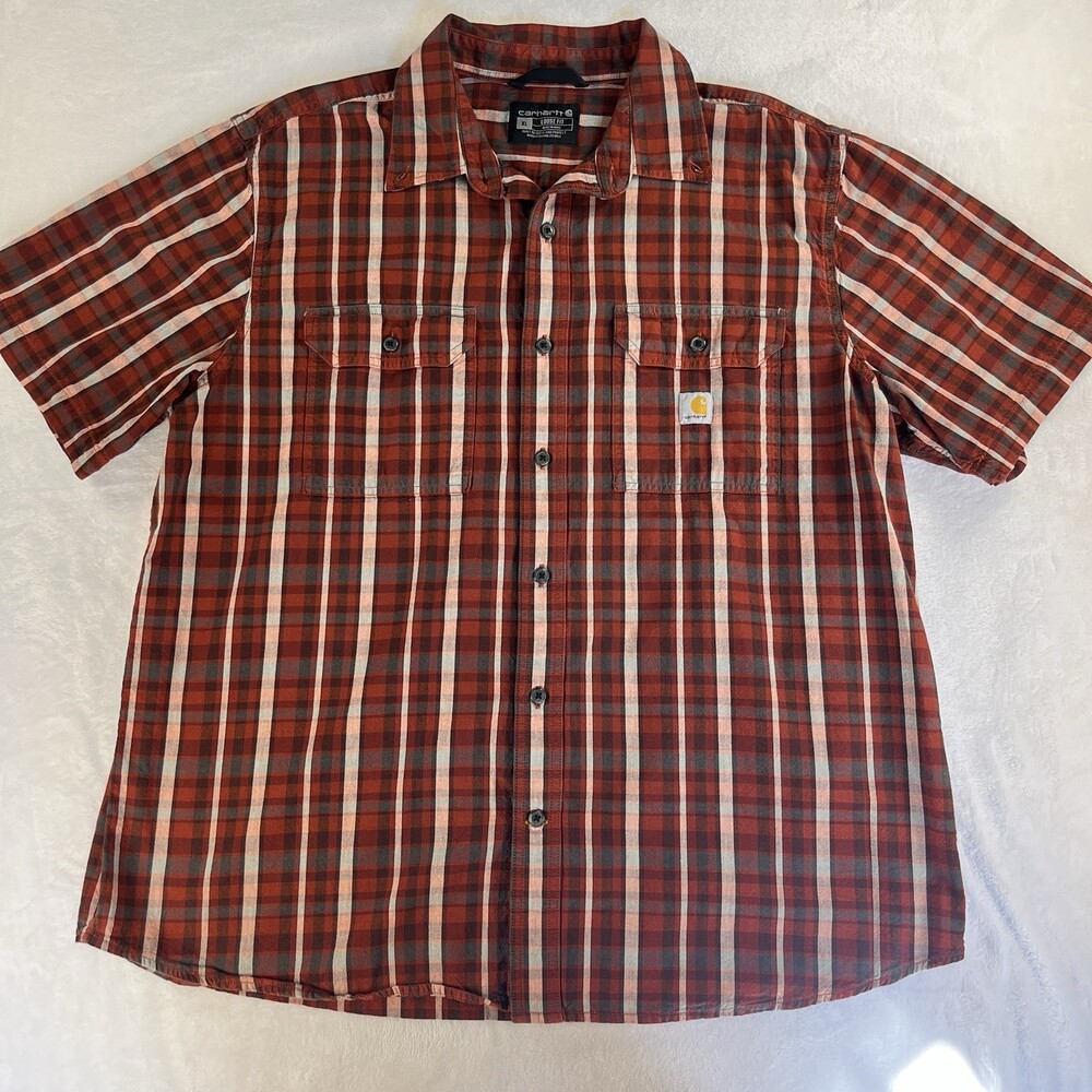 Carhartt Mens XL Shirt Loose Fit Midweight Short Sleeve Plaid Red Grey Workwear